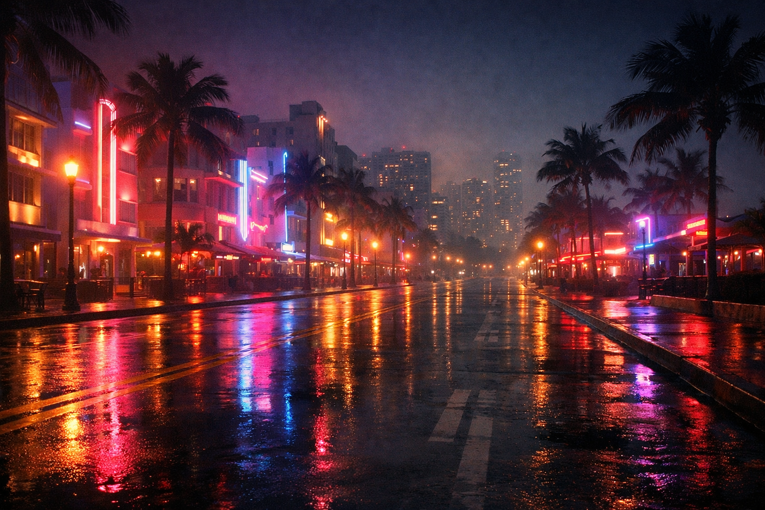 Neonova nocna ulica v stylu Vice City - ilustracia k soundtracku GTA VI: The Album