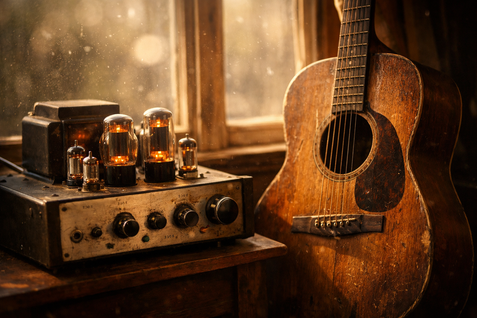 Vintage lampovy zosilnovac a akusticka gitara pri okne - ilustracia k albumu FUDGE od Michaela Kiwanuku