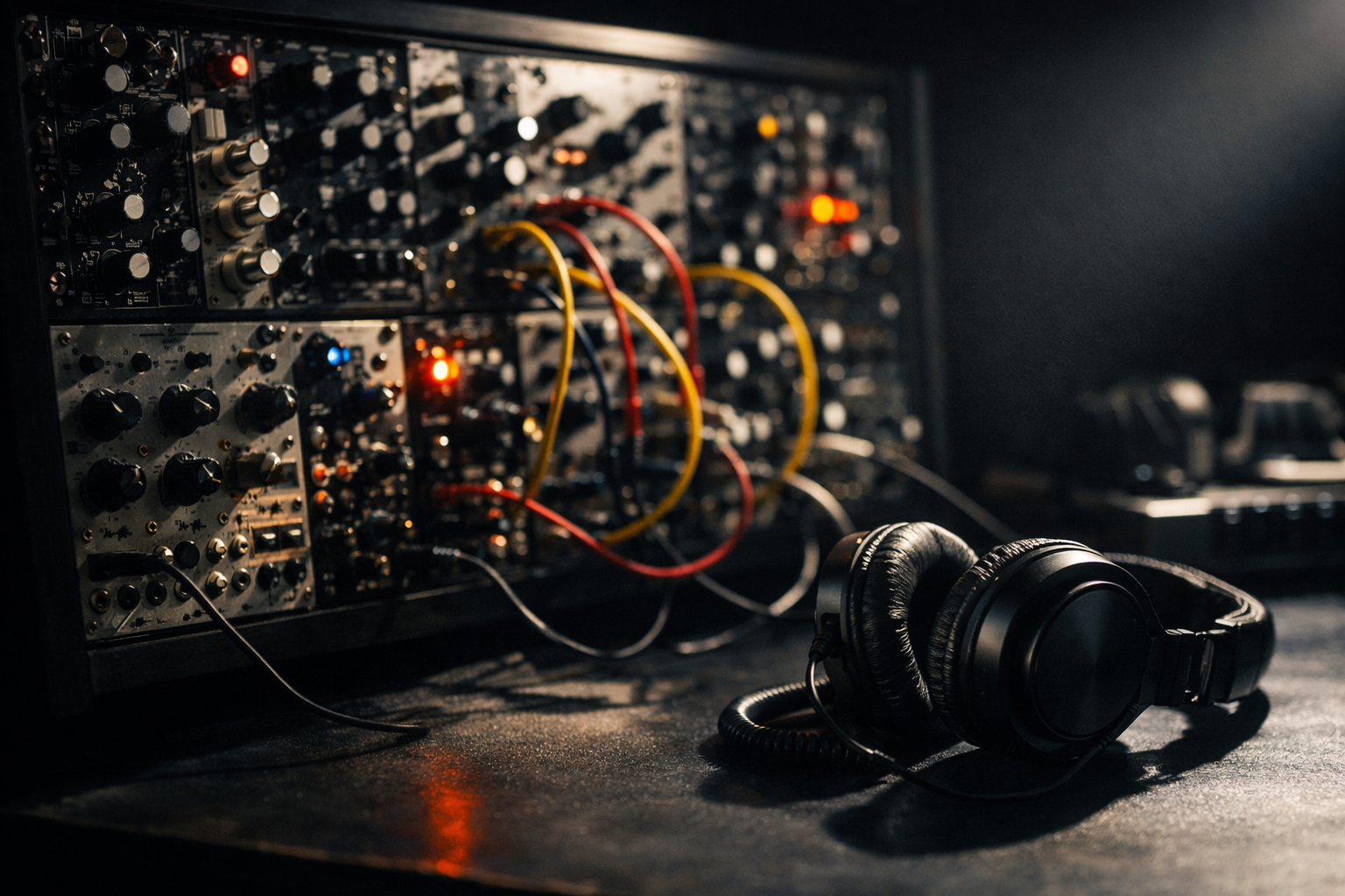 Modularny syntetizator a studiova sluchadla na tmavom stole - ilustracia k navratu Noisia