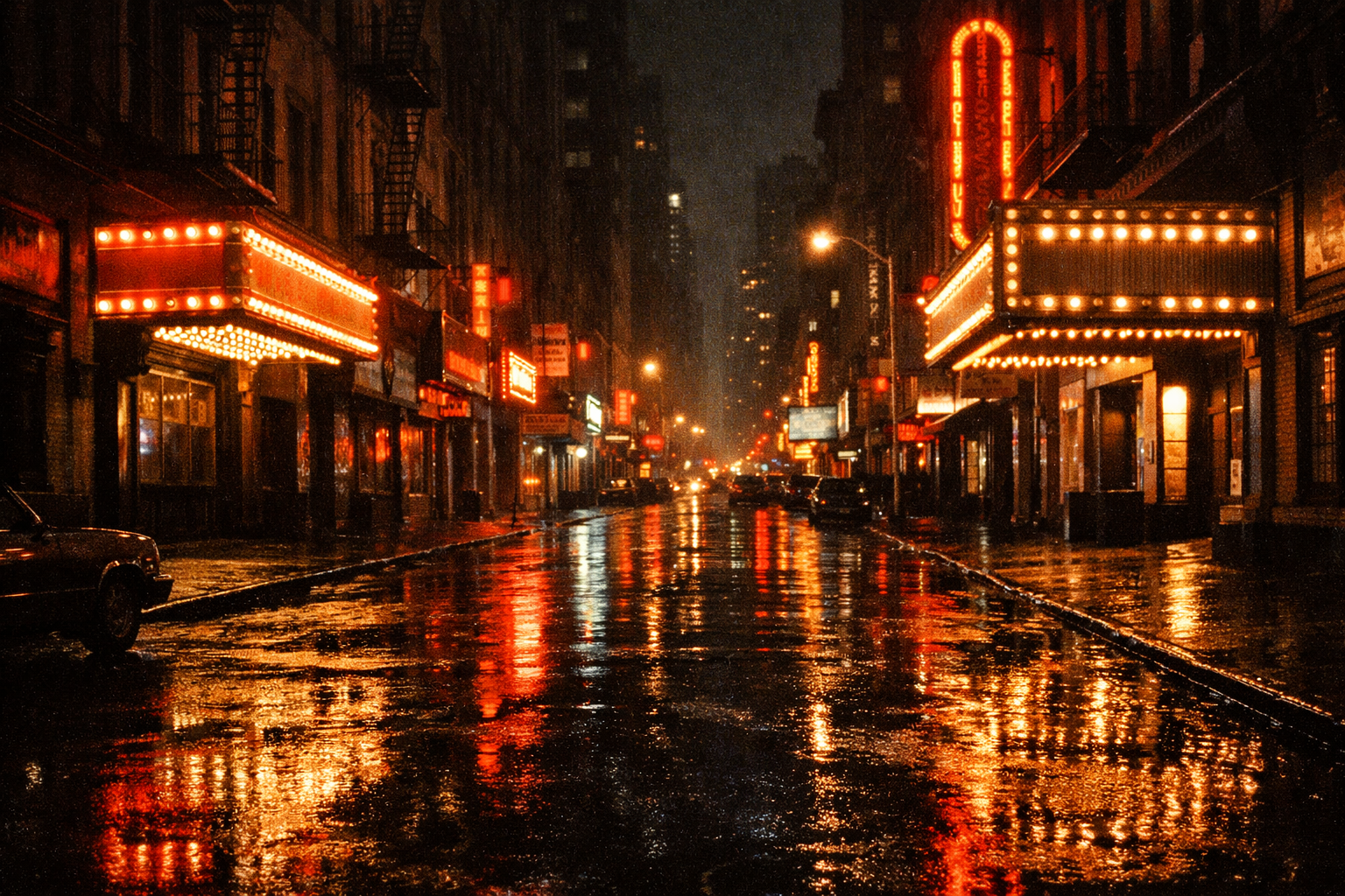 Nočná pouličná scéna v štýle newyorskej downtown scény sedemdesiatych rokov — ilustračný obrázok k albumu Blondie High Noon