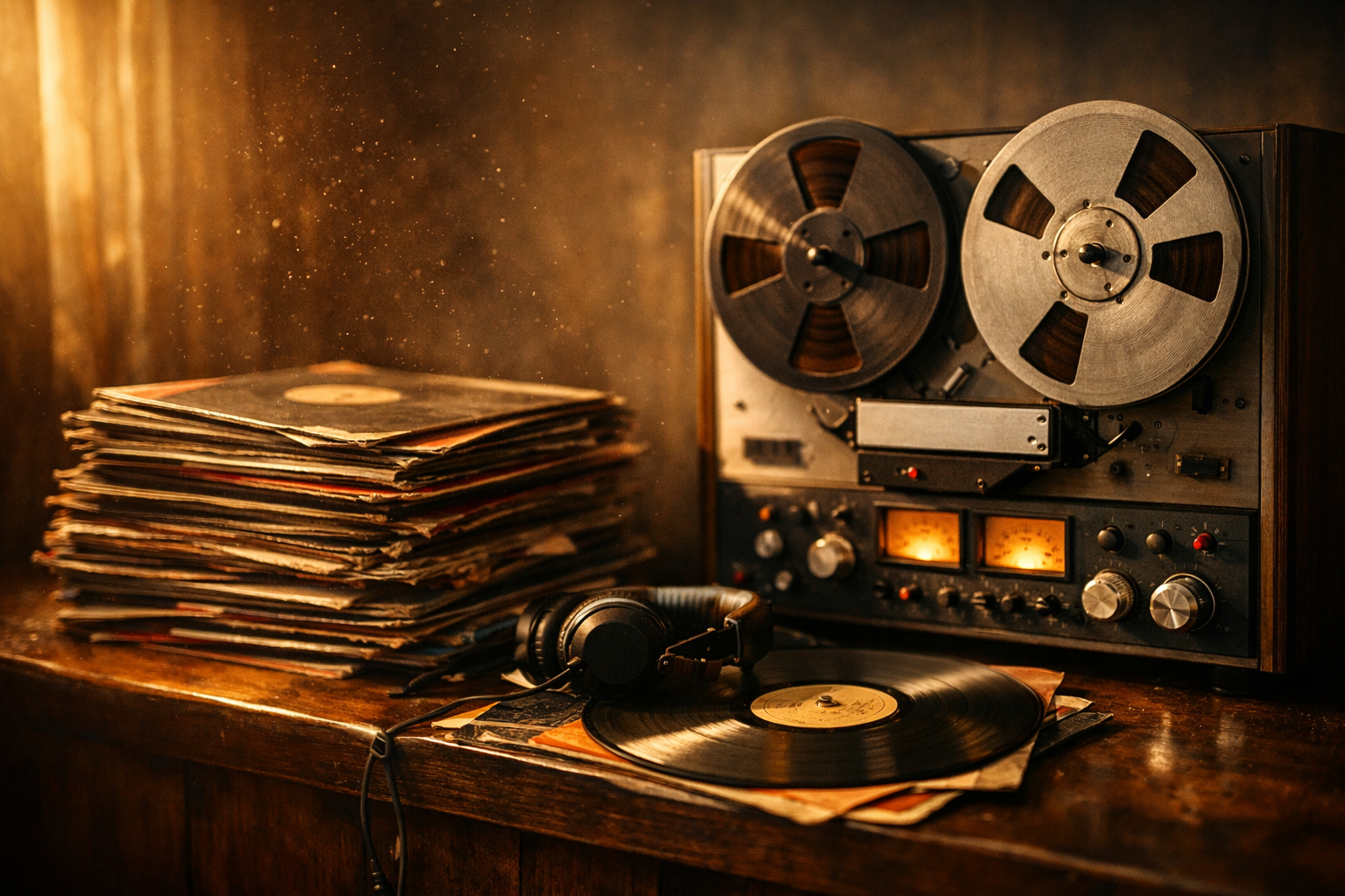 Vintage vinylové platne a kotúčový magnetofón v teplom svetle – ilustrácia k EP Stevieho Wondera